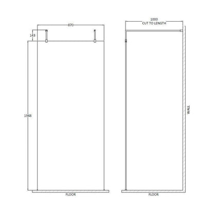[BEAF900CP] Balterley Contemporary Bathroom 8mm Glass Wetroom Screen with Arms & Feet, Chrome Finish, 1950 x 698 x 14mm - Technical Drawing