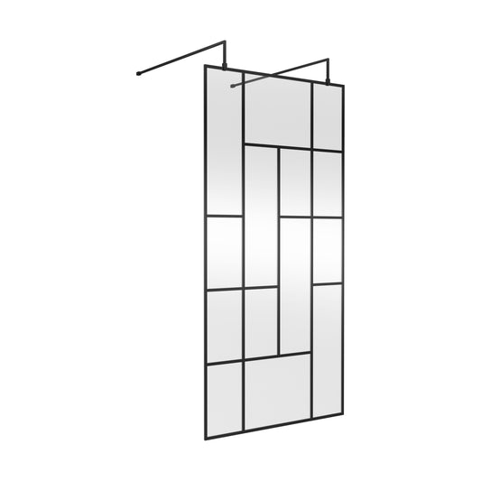 [BEAFB1000MB] Balterley Contemporary Bathroom Abstract Frame Design 8mm Glass Wetroom Screen with Arms and Feet, 1950 x 750 x 60mm, Matt Black - Cutout