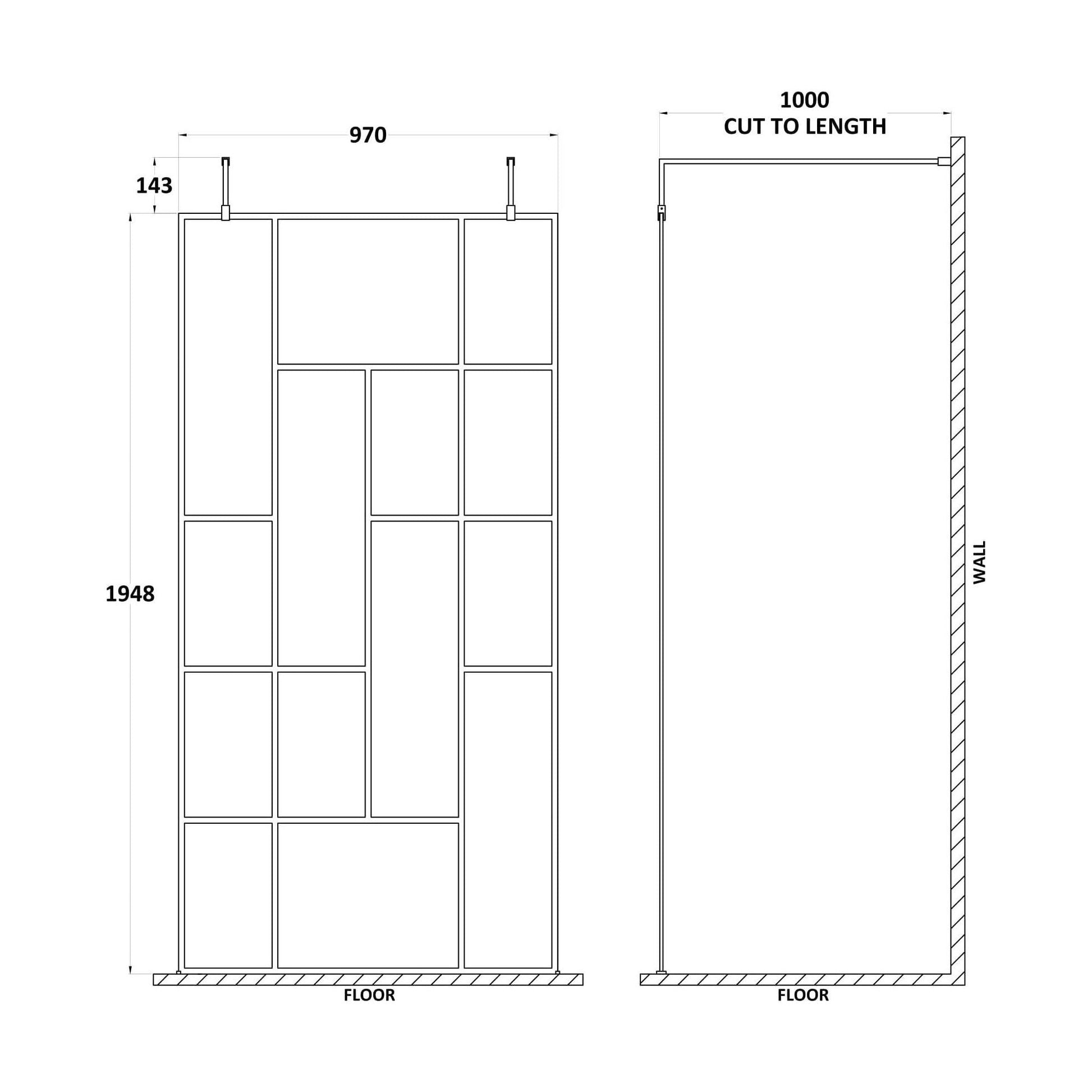 [BEAFB1000MB] Balterley Contemporary Bathroom Abstract Frame Design 8mm Glass Wetroom Screen with Arms and Feet, 1950 x 750 x 60mm, Matt Black - Technical Drawing