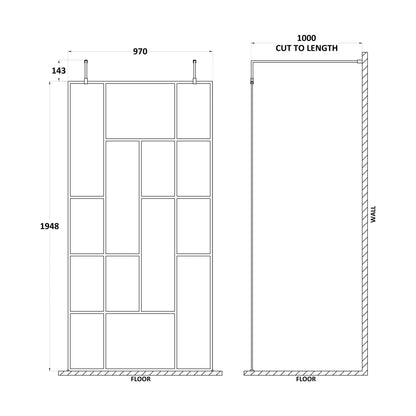 [BEAFB1000MB] Balterley Contemporary Bathroom Abstract Frame Design 8mm Glass Wetroom Screen with Arms and Feet, 1950 x 750 x 60mm, Matt Black - Technical Drawing