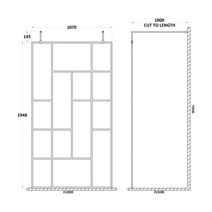 [BEAFB1100MB] Balterley Contemporary Bathroom Abstract Frame Design 8mm Glass Wetroom Screen with Arms and Feet, 1950 x 750 x 60mm, Matt Black - Technical Drawing