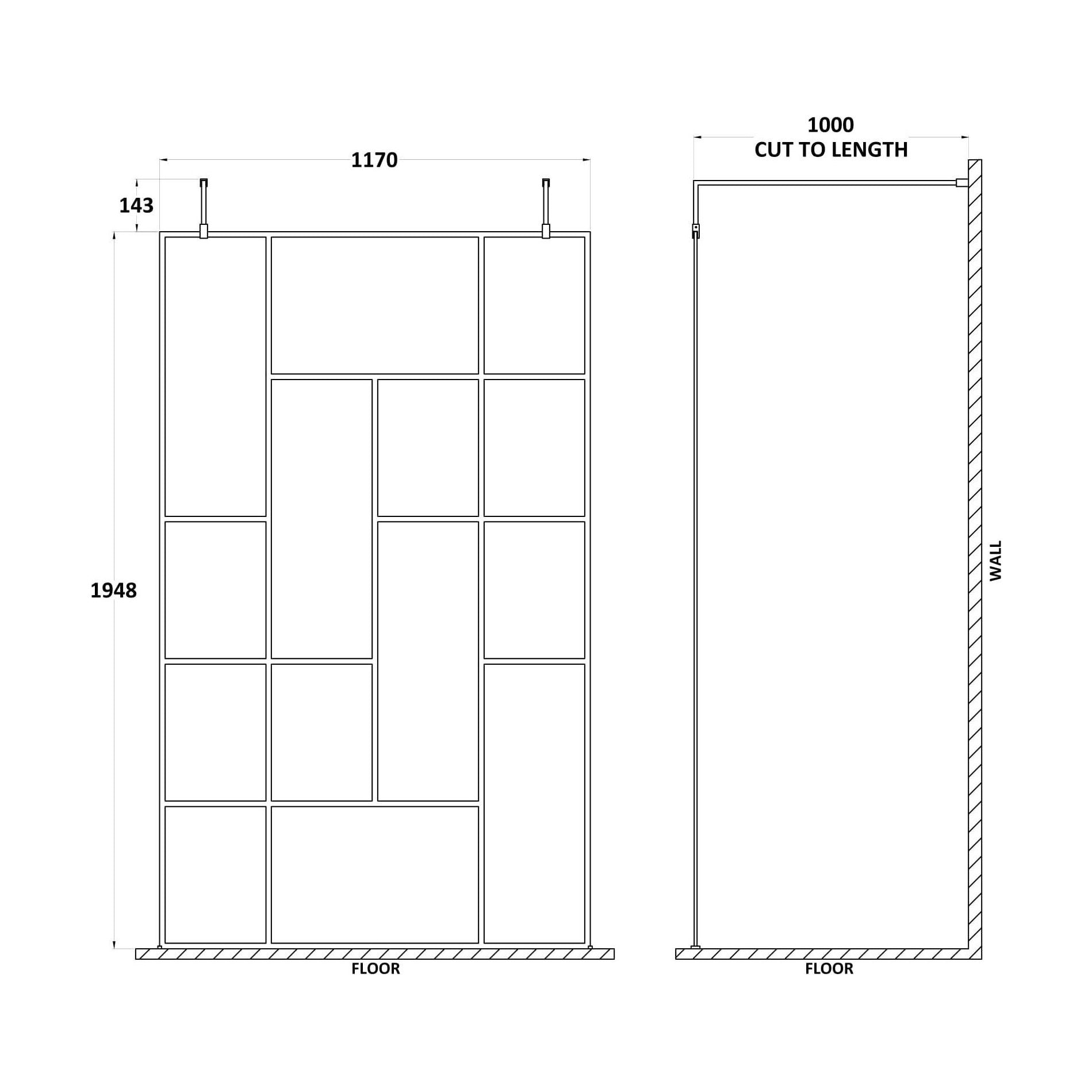 [BEAFB1200MB] Balterley Contemporary Bathroom Abstract Frame Design 8mm Glass Wetroom Screen with Arms and Feet, 1950 x 750 x 60mm, Matt Black - Technical Drawing