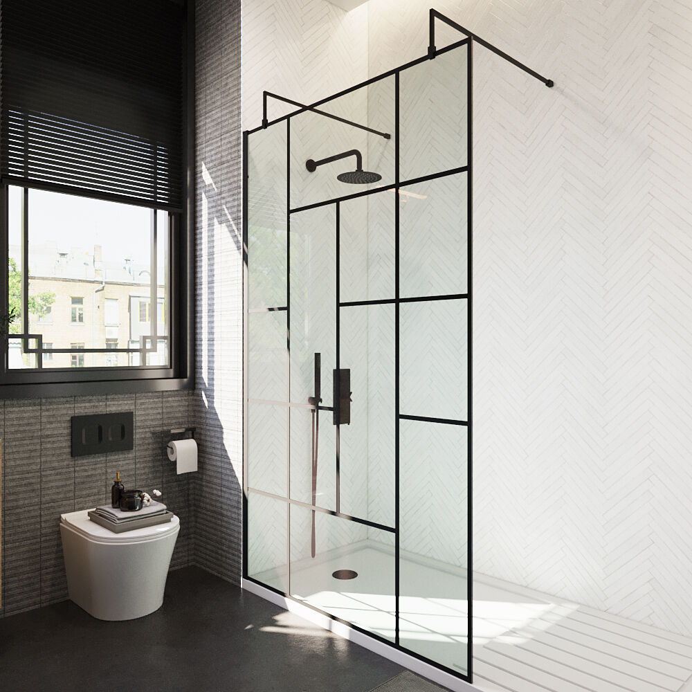 [BEAFB1200MB] Balterley Contemporary Bathroom Abstract Frame Design 8mm Glass Wetroom Screen with Arms and Feet, 1950 x 750 x 60mm, Matt Black - Lifestyle 2