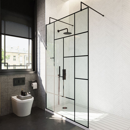 [BEAFB1200MB] Balterley Contemporary Bathroom Abstract Frame Design 8mm Glass Wetroom Screen with Arms and Feet, 1950 x 750 x 60mm, Matt Black - Lifestyle 2