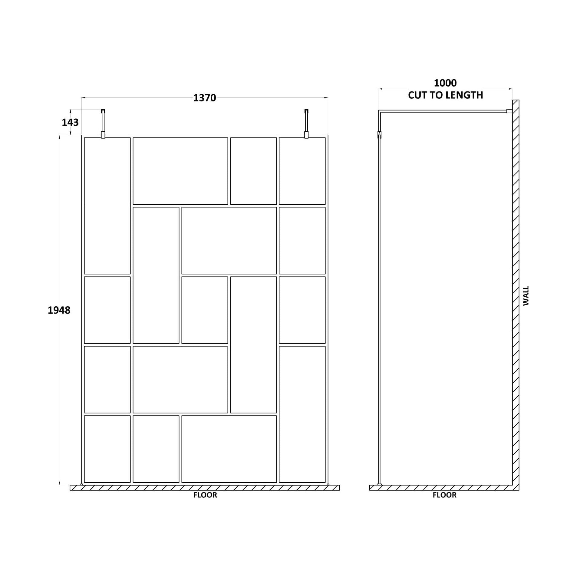 [BEAFB1400MB] Balterley Contemporary Bathroom Abstract Frame Design 8mm Glass Wetroom Screen with Arms and Feet, 1950 x 750 x 60mm, Matt Black - Technical Drawing