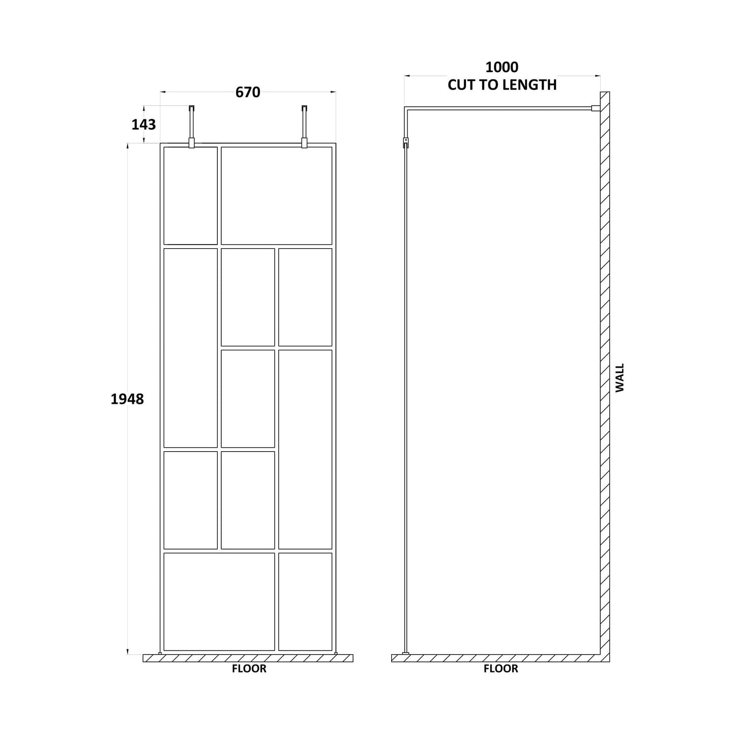 [BEAFB700MB] Balterley Contemporary Bathroom Abstract Frame Design 8mm Glass Wetroom Screen with Arms and Feet, 1950 x 750 x 60mm, Matt Black - Technical Drawing