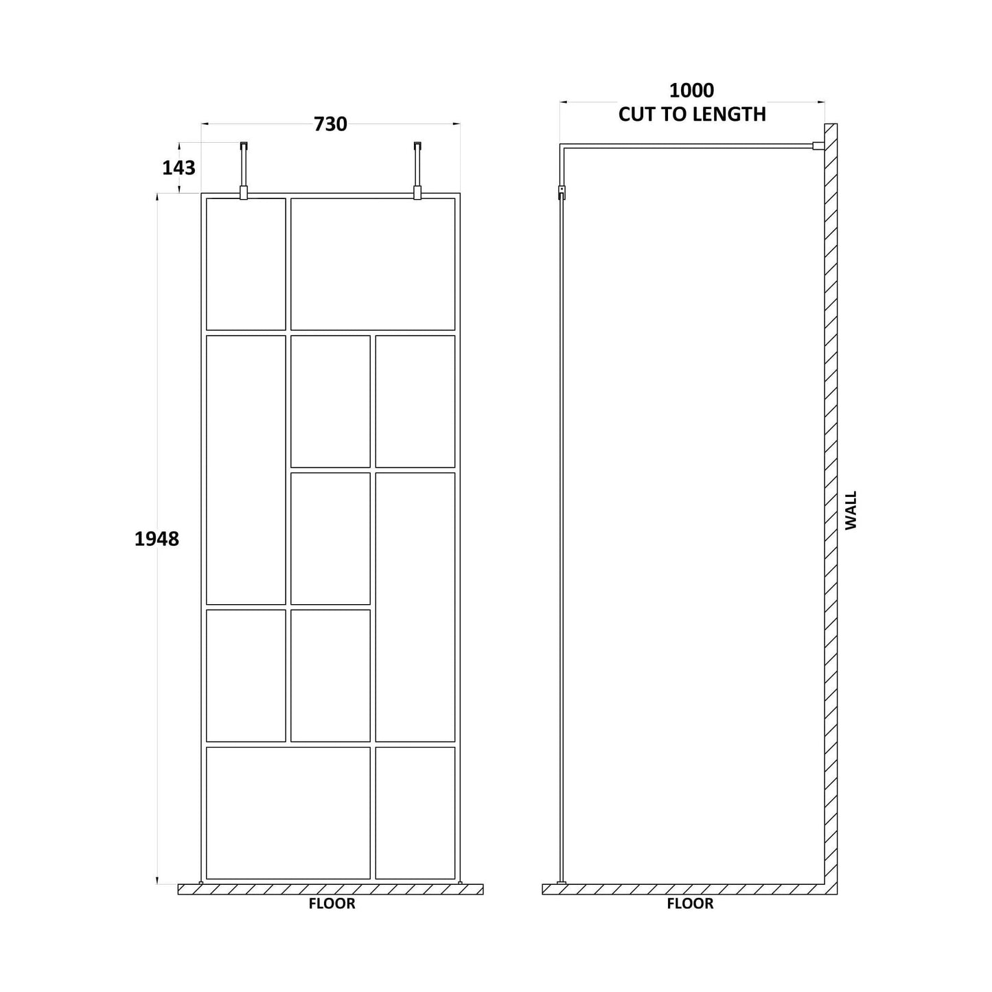 [BEAFB760MB] Balterley Contemporary Bathroom Abstract Frame Design 8mm Glass Wetroom Screen with Arms and Feet, 1950 x 750 x 60mm, Matt Black - Technical Drawing