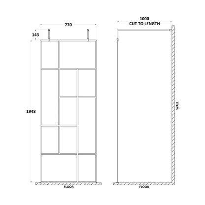 [BEAFB800MB] Balterley Contemporary Bathroom Abstract Frame Design 8mm Glass Wetroom Screen with Arms and Feet, 1950 x 750 x 60mm, Matt Black - Technical Drawing