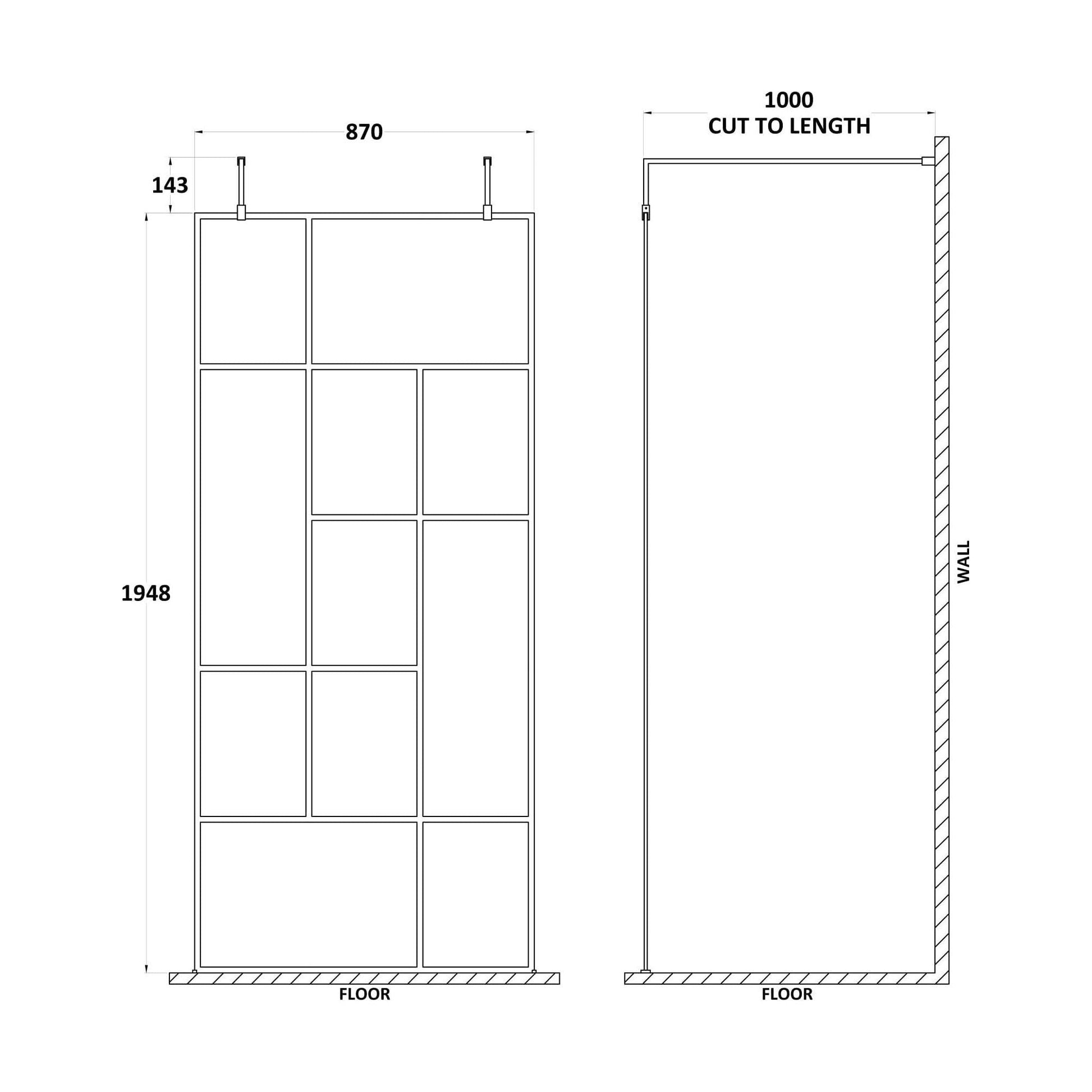 [BEAFB900MB] Balterley Contemporary Bathroom Abstract Frame Design 8mm Glass Wetroom Screen with Arms and Feet, 1950 x 750 x 60mm, Matt Black - Technical Drawing