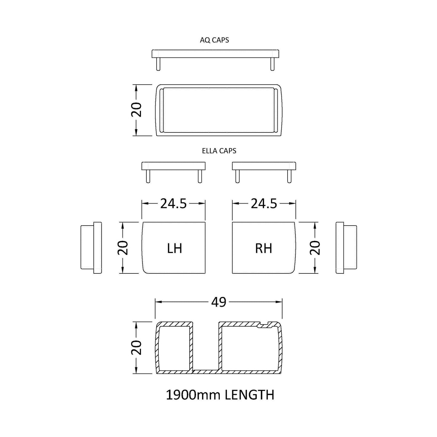 [BEBEAC190BP] 1900mm Profile Extension Kit - Technical Drawing