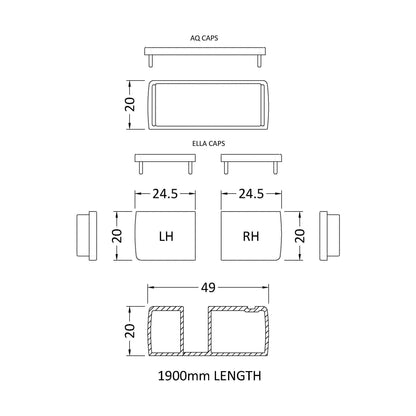 [BEBEAC190BP] 1900mm Profile Extension Kit - Technical Drawing