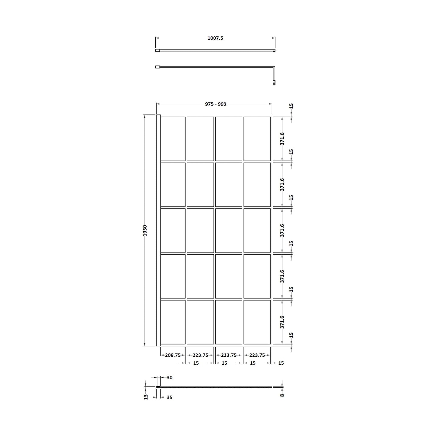 [BEBS100] Balterley 8mm Toughened Safety Glass Black Framed Wetroom Screen - 760mm - Technical Drawing