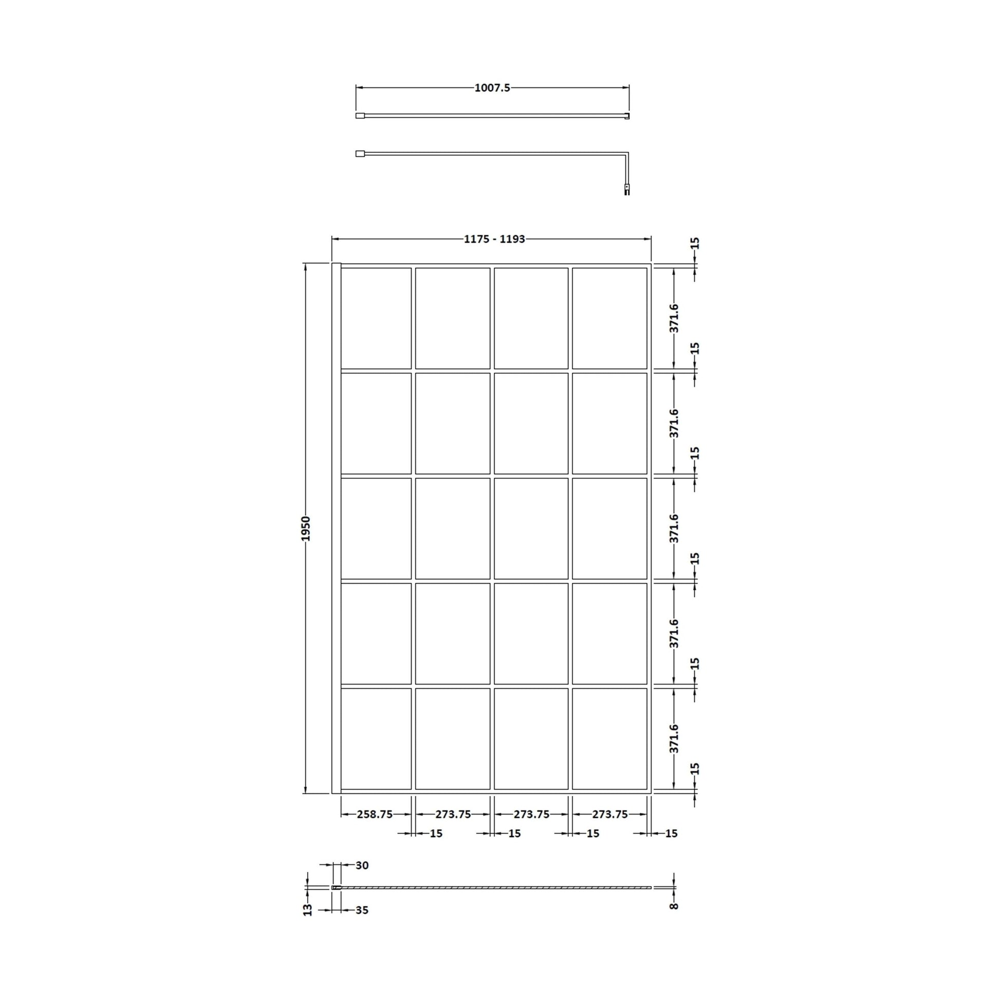 [BEBS120] Balterley 8mm Toughened Safety Glass Black Framed Wetroom Screen - 760mm - Technical Drawing