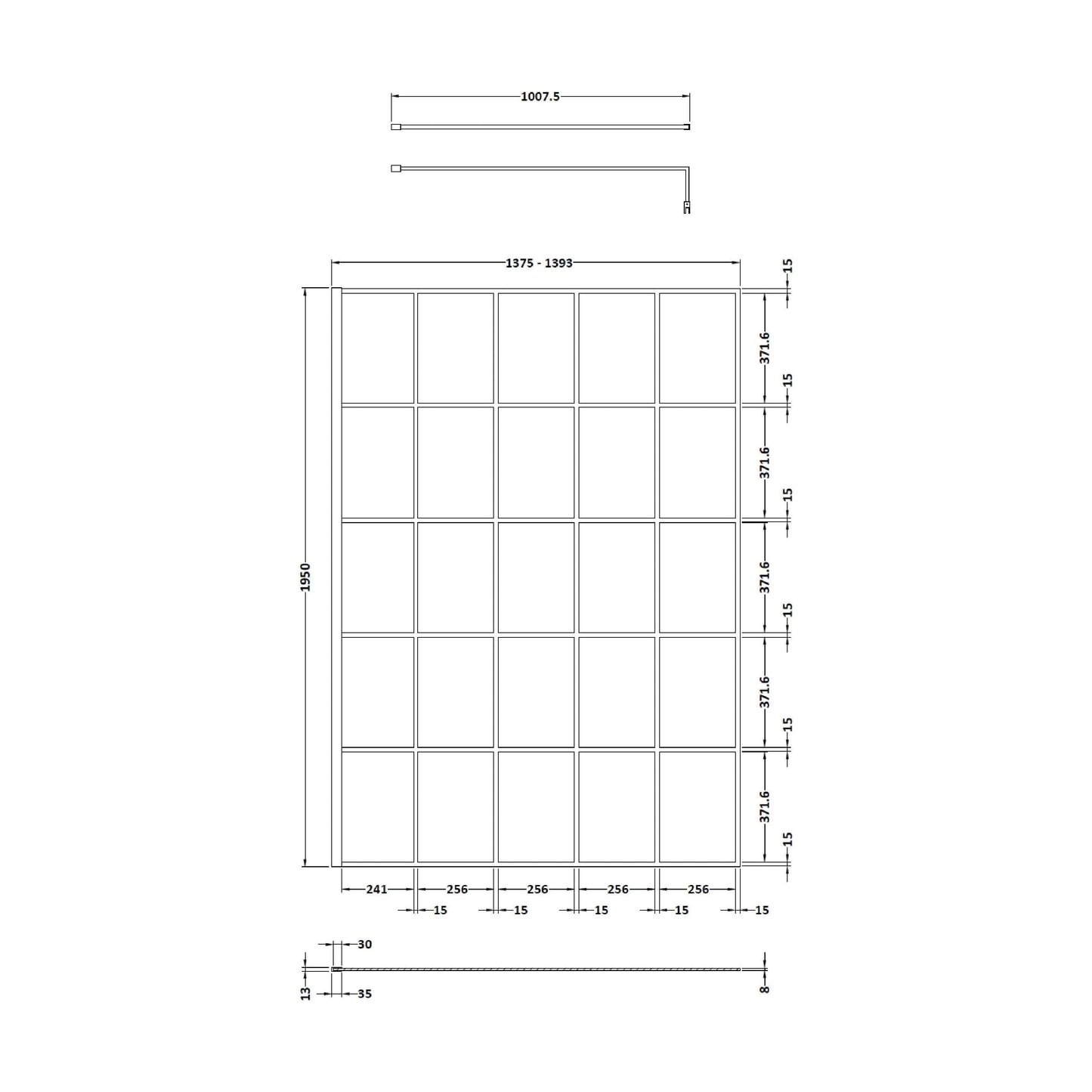 [BEBS140] Balterley 8mm Toughened Safety Glass Black Framed Wetroom Screen - 760mm - Technical Drawing
