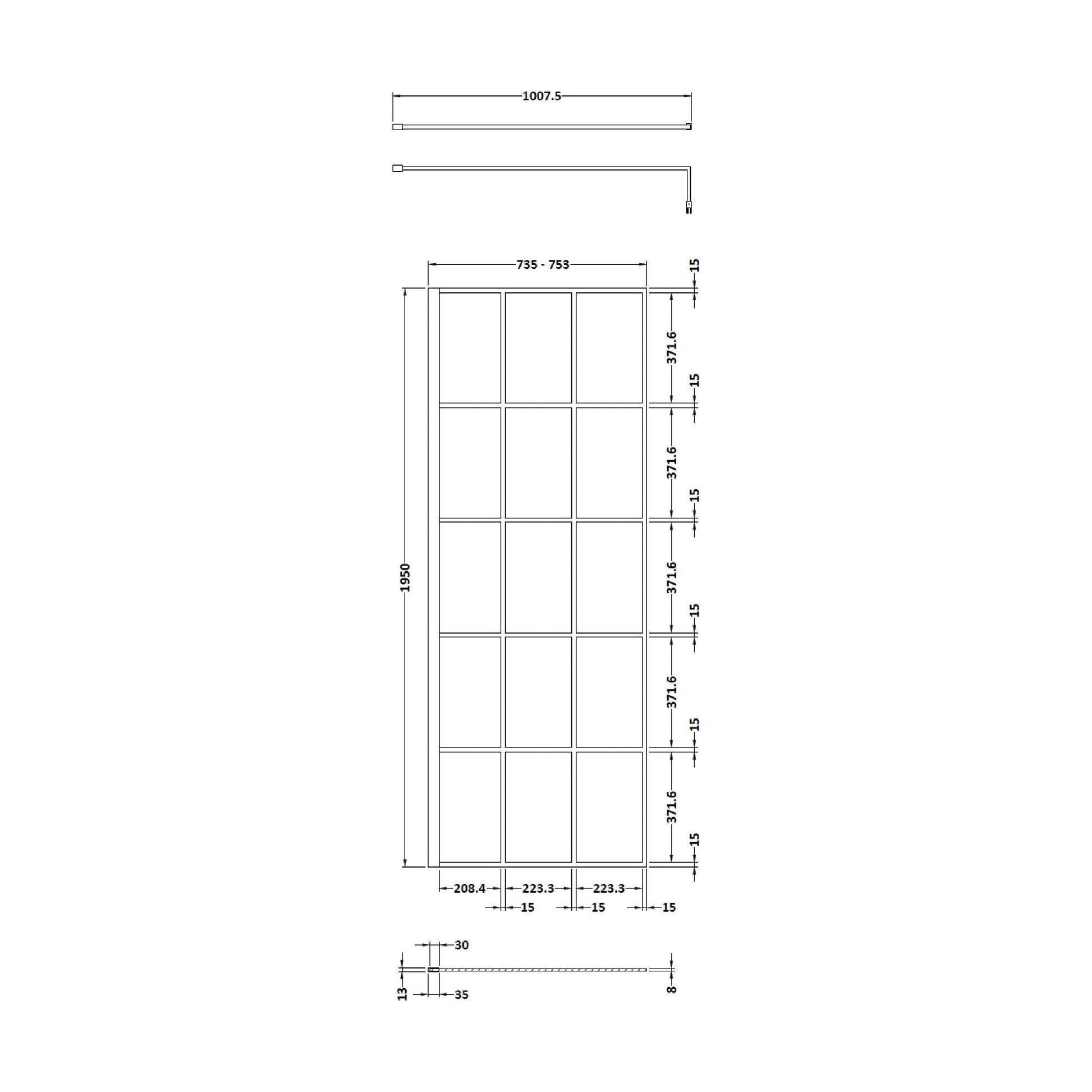 [BEBS760] Balterley 8mm Toughened Safety Glass Black Framed Wetroom Screen - 760mm - Technical Drawing