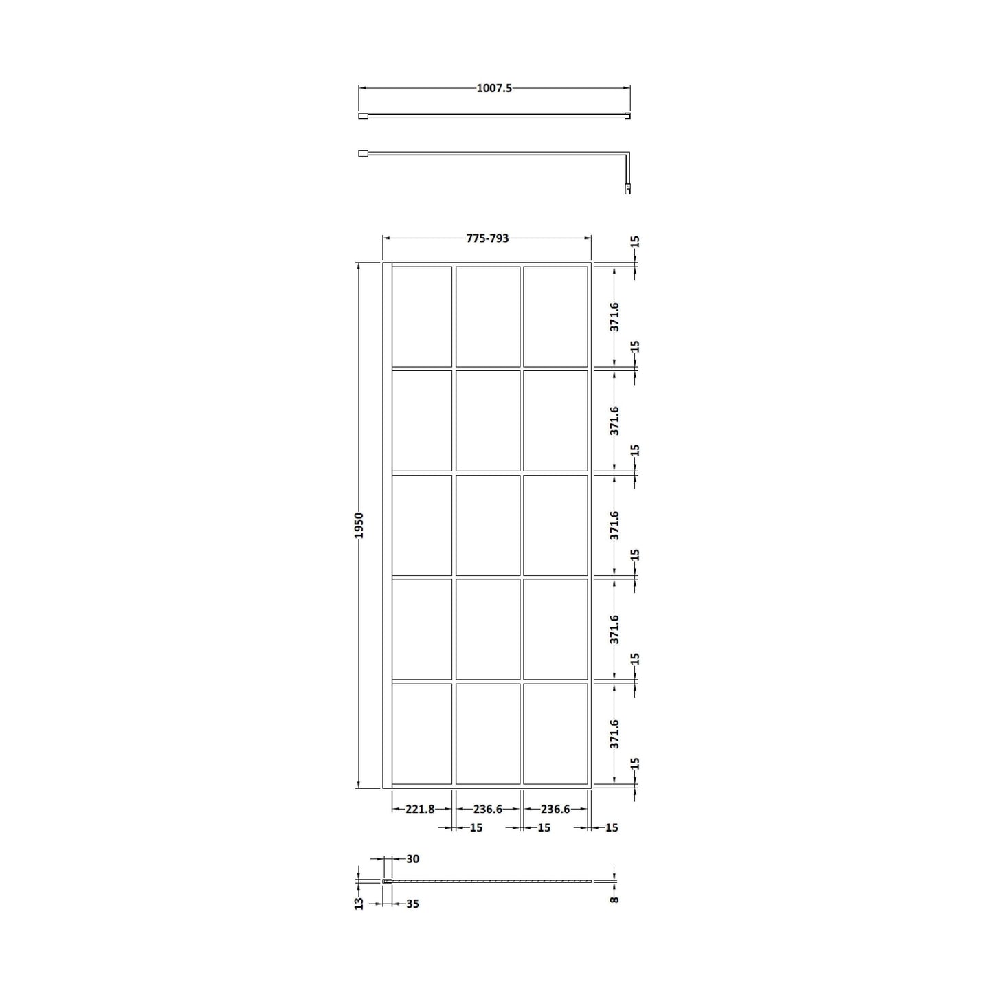 [BEBS800] Balterley 8mm Toughened Safety Glass Black Framed Wetroom Screen - 800mm - Technical Drawing