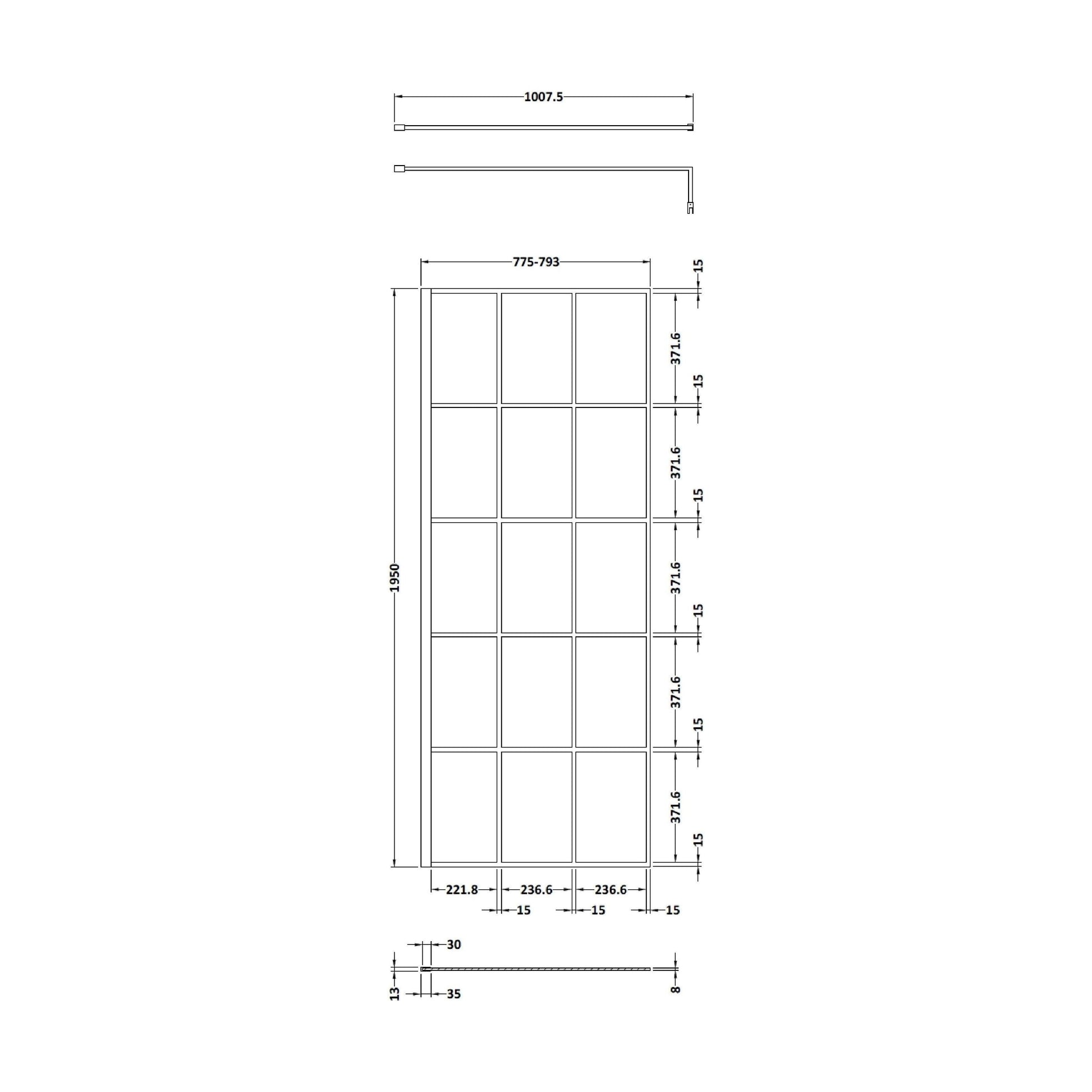 [BEBS800] Balterley 8mm Toughened Safety Glass Black Framed Wetroom Screen - 800mm - Technical Drawing