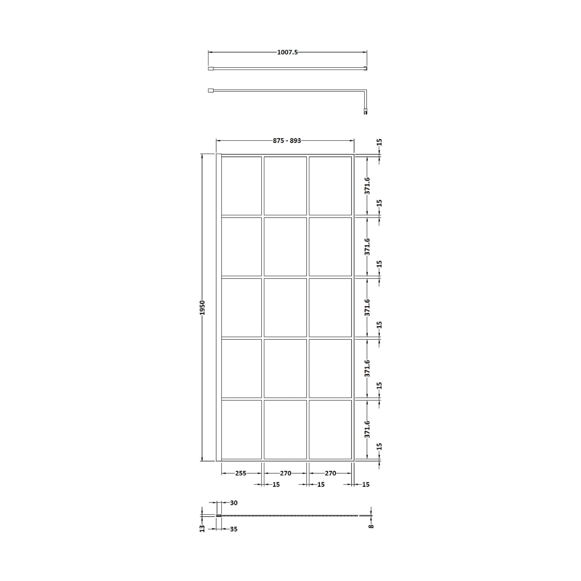 [BEBS900] Balterley 8mm Toughened Safety Glass Black Framed Wetroom Screen - 760mm - Technical Drawing