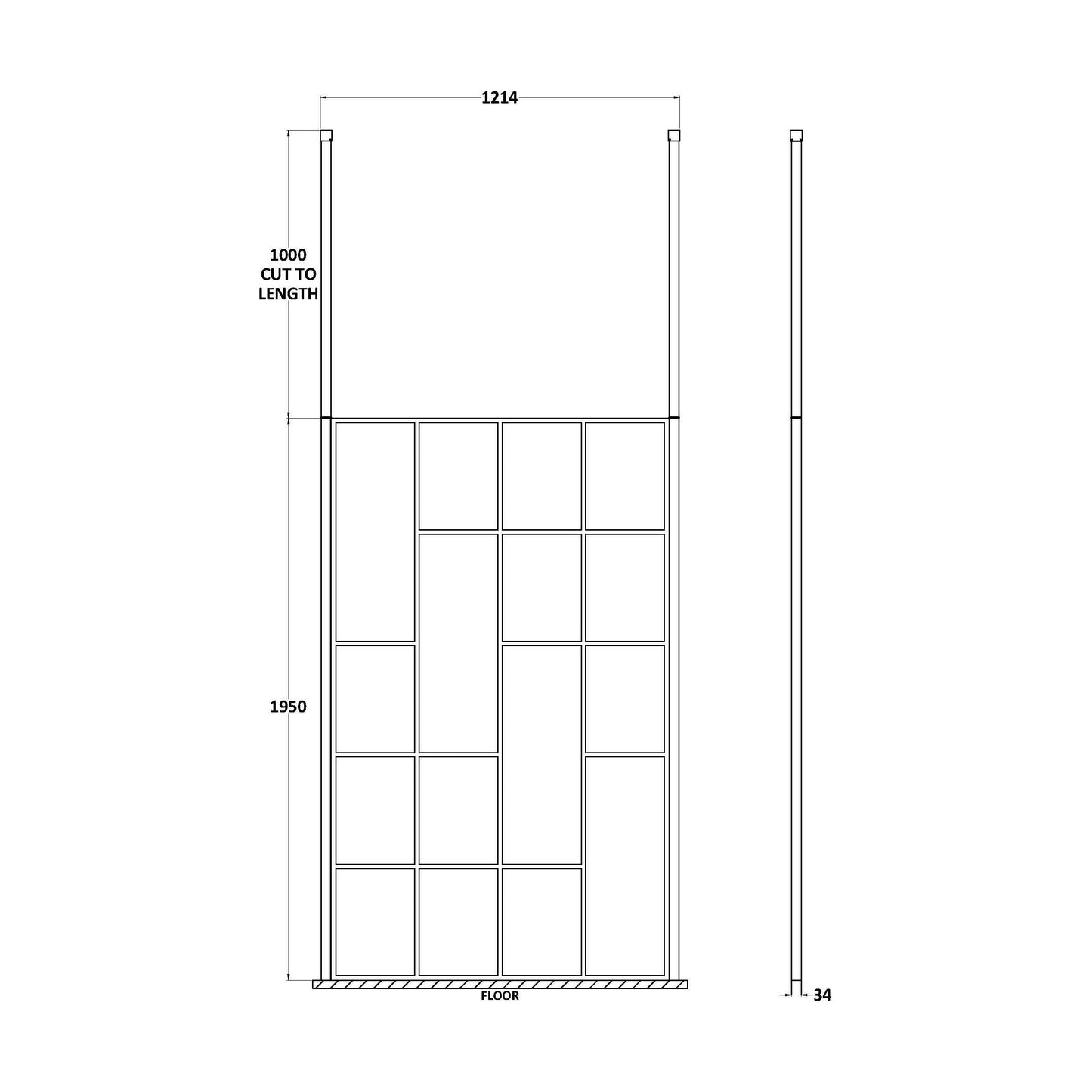[BECPB1200MB] Balterley Contemporary Bathroom Abstract Frame Design 8mm Glass Wetroom Screen with Ceiling Posts, 1950 x 750 x 60mm, Matt Black - Technical Drawing