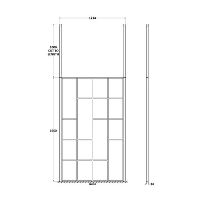 [BECPB1200MB] Balterley Contemporary Bathroom Abstract Frame Design 8mm Glass Wetroom Screen with Ceiling Posts, 1950 x 750 x 60mm, Matt Black - Technical Drawing