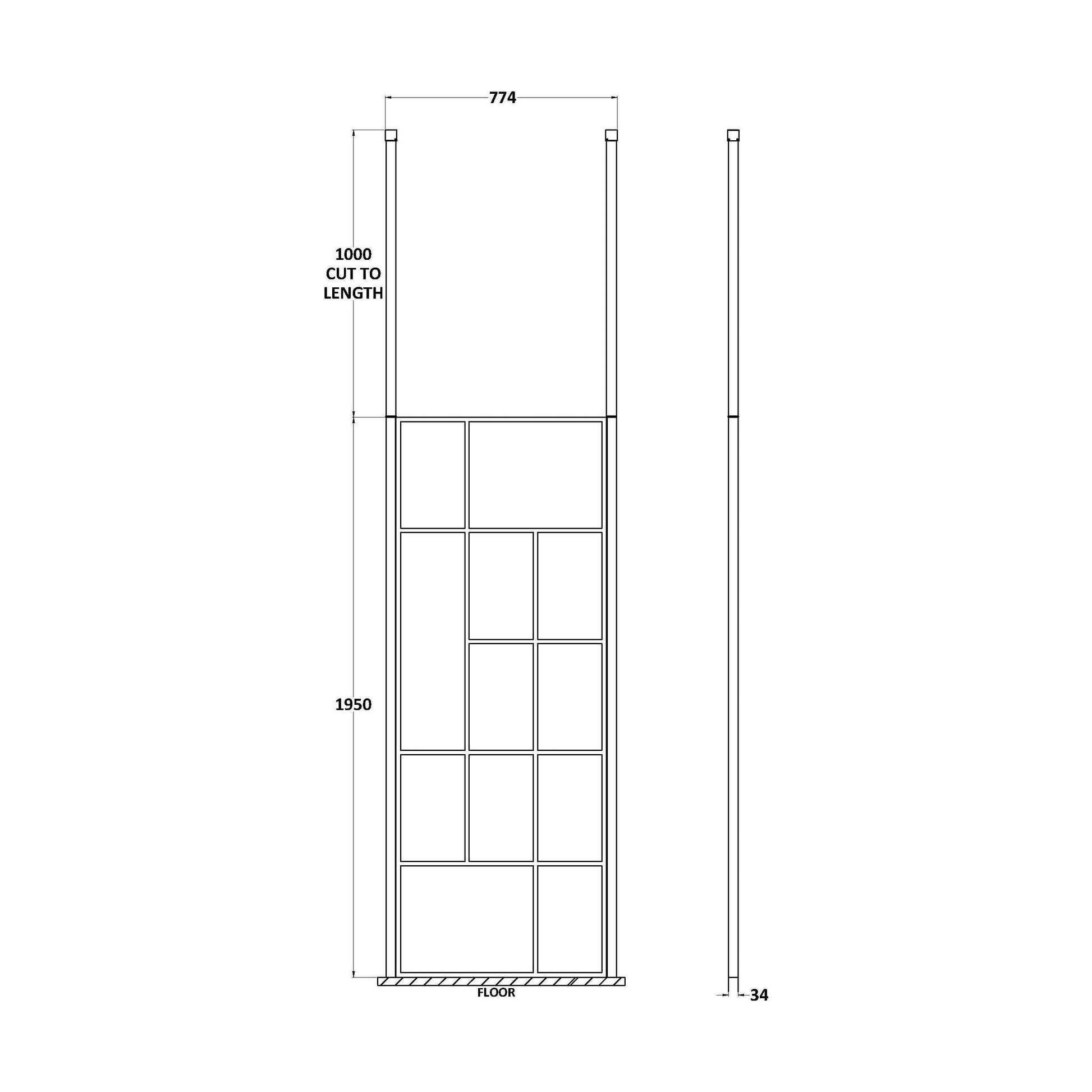 [BECPB760MB] Balterley Contemporary Bathroom Abstract Frame Design 8mm Glass Wetroom Screen with Ceiling Posts, 1950 x 750 x 60mm, Matt Black - Technical Drawing