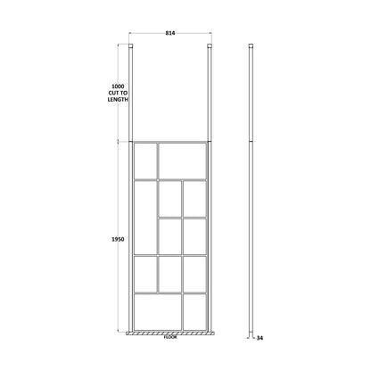 [BECPB800MB] Balterley Contemporary Bathroom Abstract Frame Design 8mm Glass Wetroom Screen with Ceiling Posts, 1950 x 750 x 60mm, Matt Black - Technical Drawing