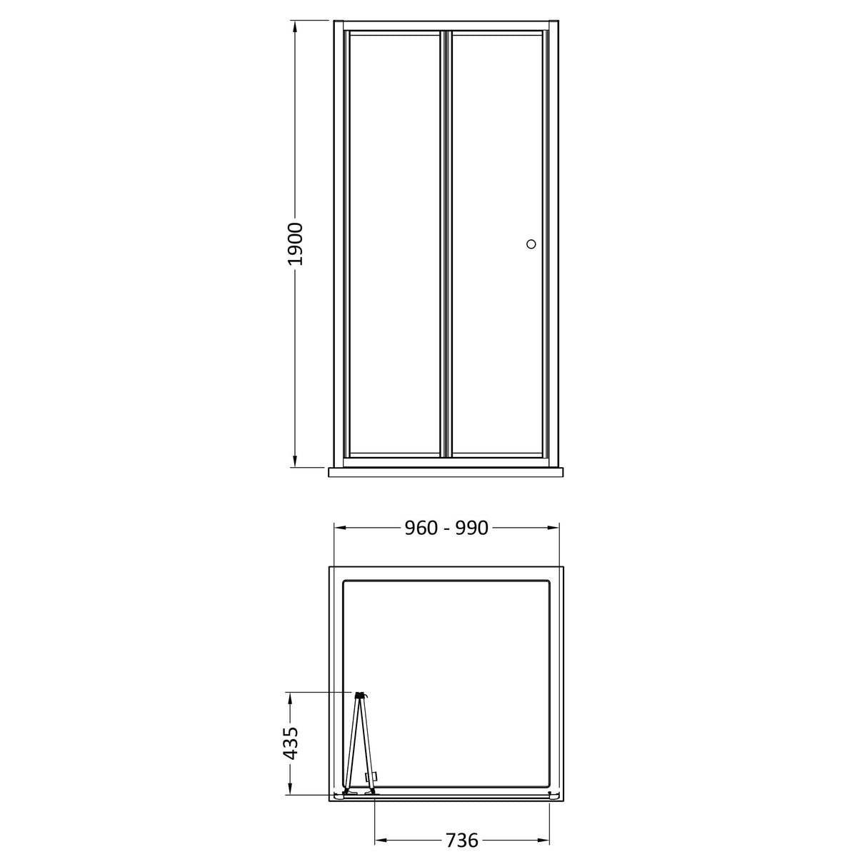 [BEETBD10BP] Contemporary 4mm Toughened Safety Glass Bi-Fold Shower Door, H: 1900mm, Choice of Size and Colour - Line Drawing