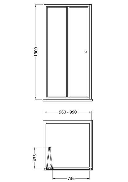 [BEETBD10] Contemporary 4mm Toughened Safety Glass Bi-Fold Shower Door, H: 1900mm, Choice of Size and Colour - Line Drawing