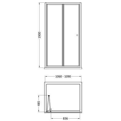 [BEETBD11] Contemporary 4mm Toughened Safety Glass Bi-Fold Shower Door, H: 1900mm, Choice of Size and Colour - Line Drawing