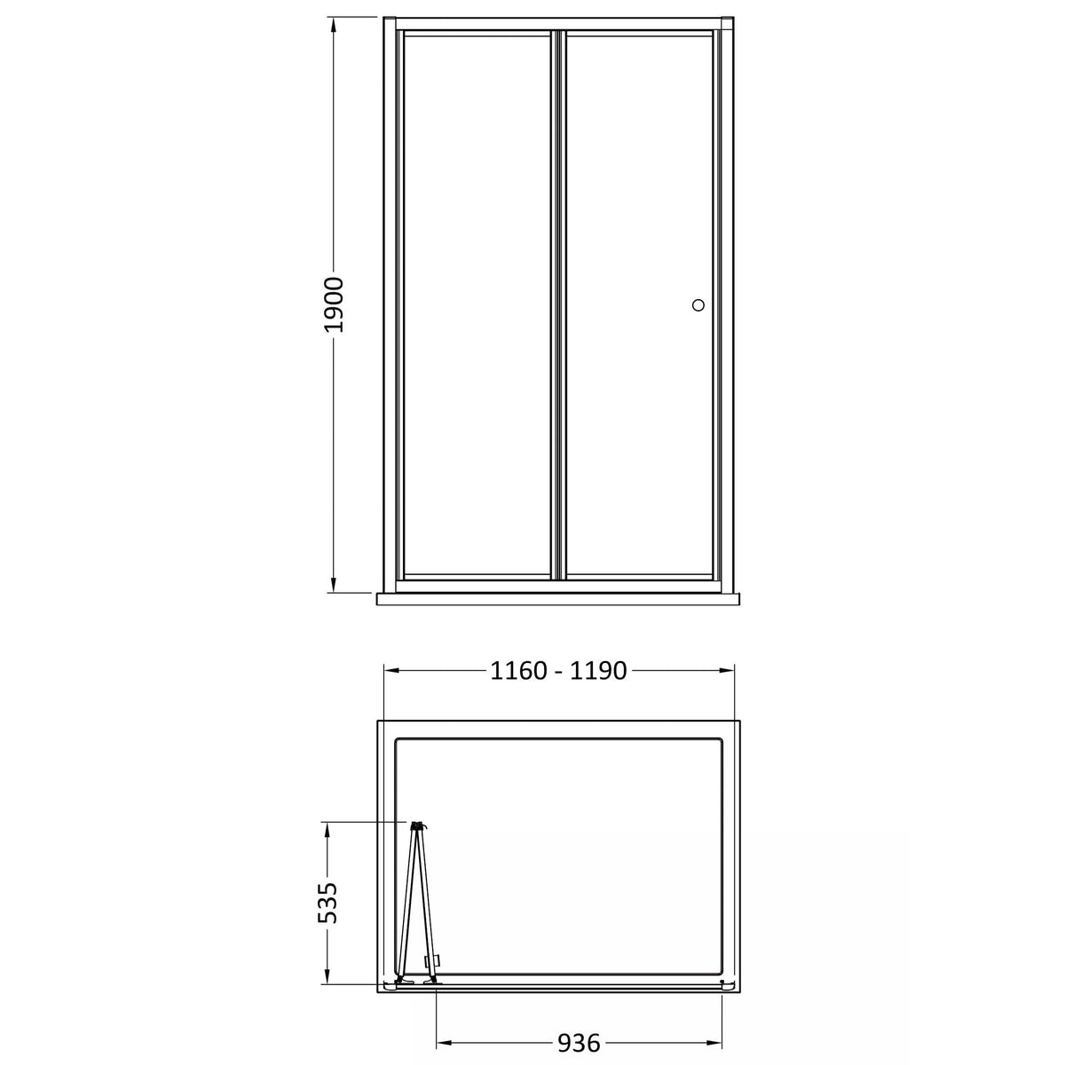[BEETBD12] Contemporary 4mm Toughened Safety Glass Bi-Fold Shower Door, H: 1900mm, Choice of Size and Colour - Line Drawing