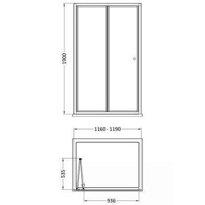 [BEETBD12] Contemporary 4mm Toughened Safety Glass Bi-Fold Shower Door, H: 1900mm, Choice of Size and Colour - Line Drawing