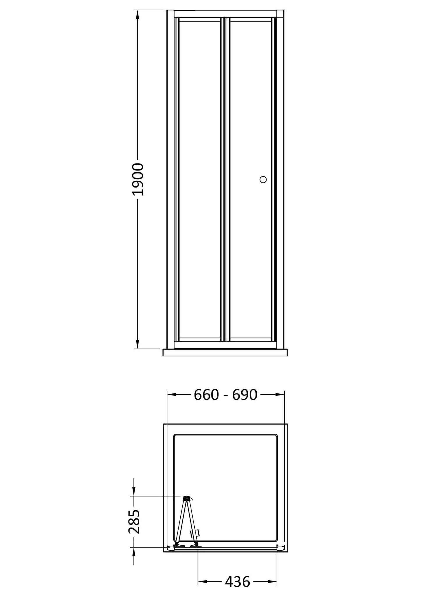 [BEETBD70GM] Contemporary 4mm Toughened Safety Glass Bi-Fold Shower Door, H: 1900mm, Choice of Size and Colour - Line Drawing