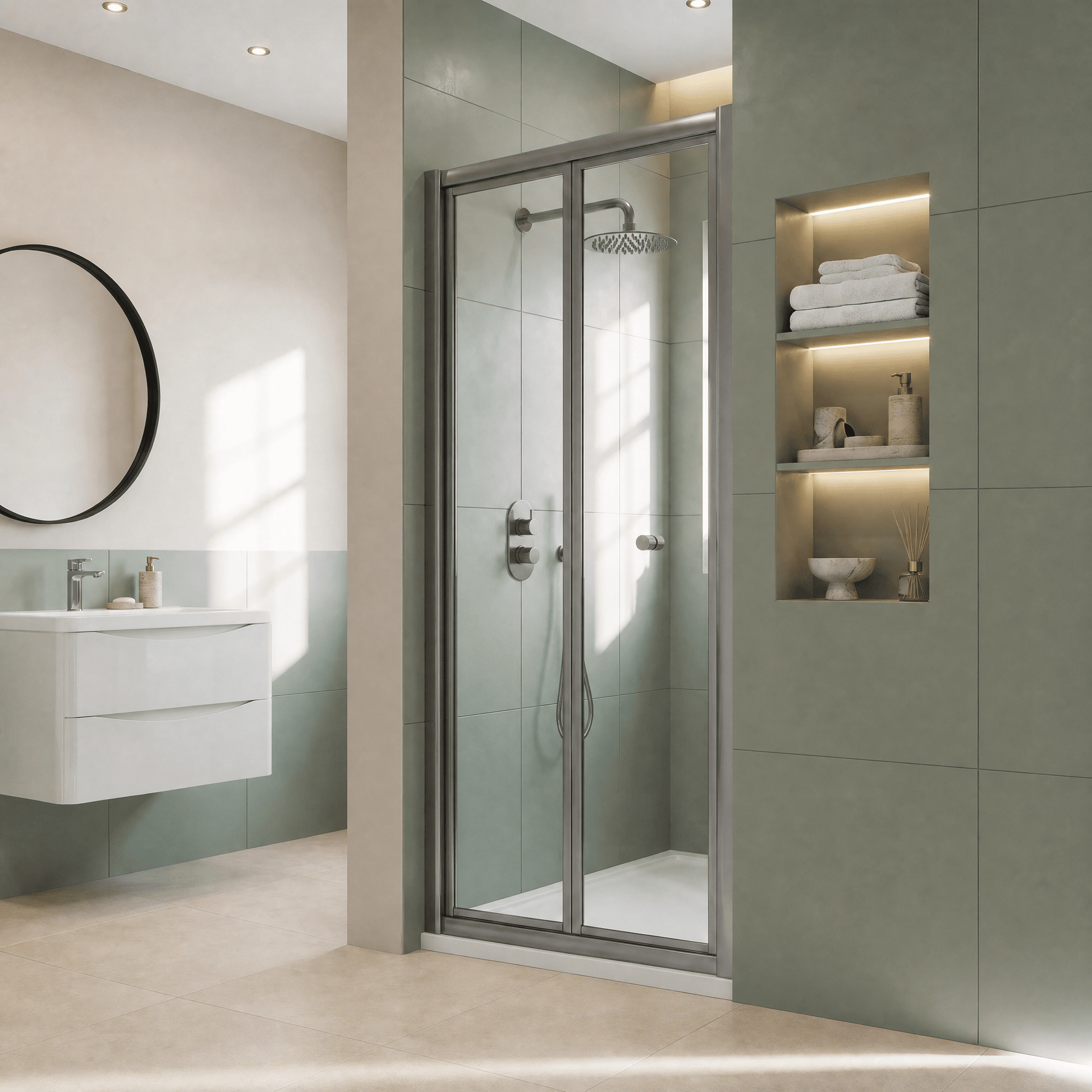 [BEETBD76GM] Contemporary 4mm Toughened Safety Glass Bi-Fold Shower Door, H: 1900mm, Choice of Size and Colour - Lifestyle 1
