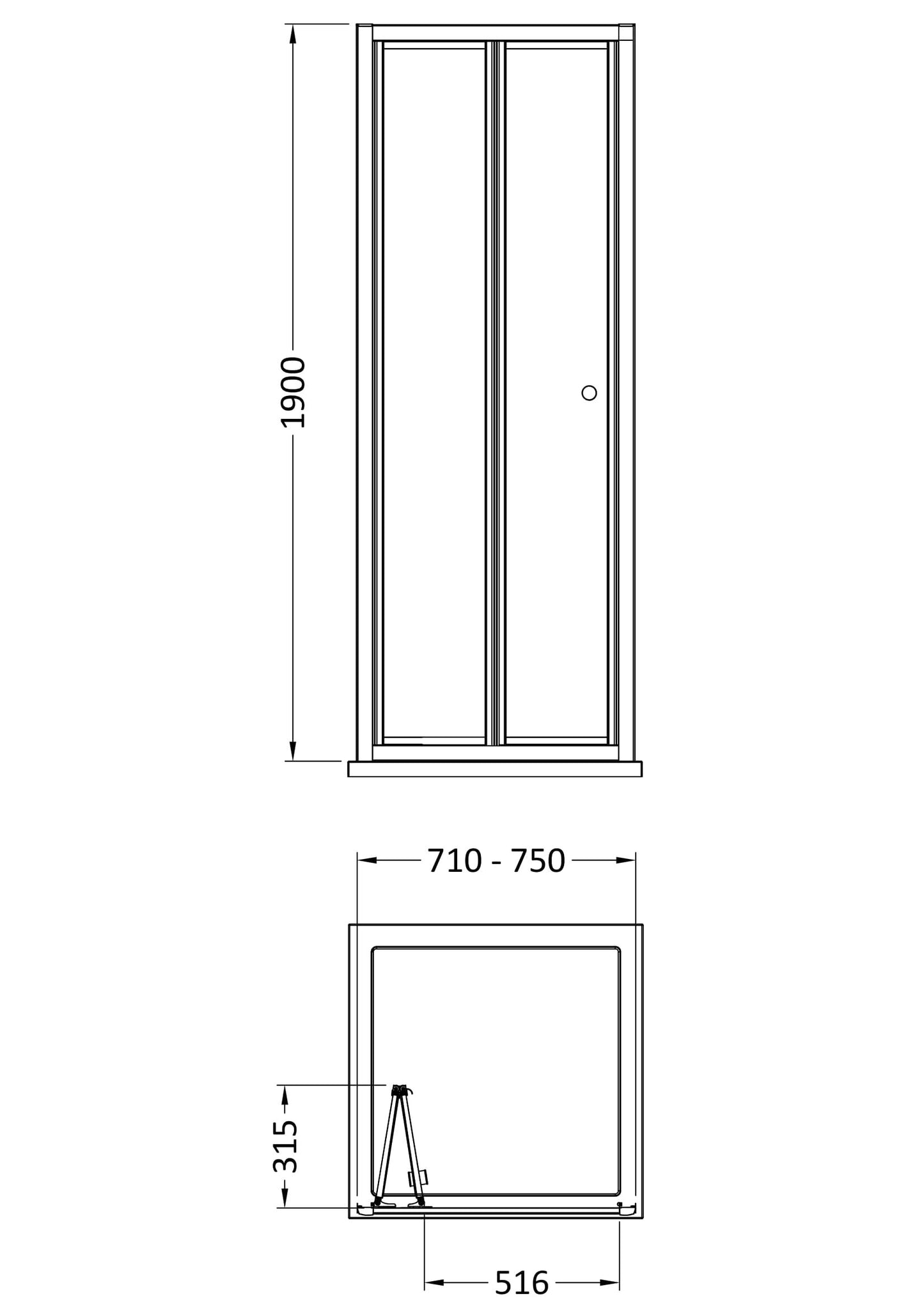 [BEETBD76] Almington 4mm Toughened Safety Glass Bi-Fold Shower Door, H: 1900mm, Choice of Size and Colour - Line Drawing