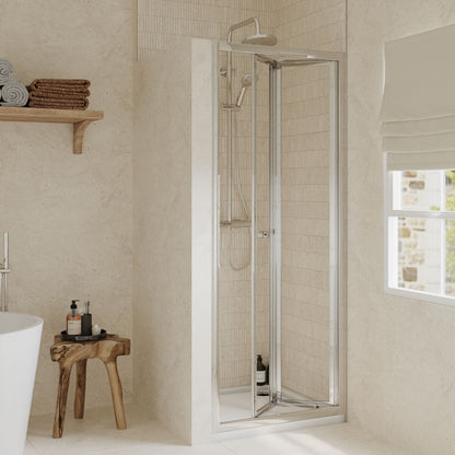 [BEETBD76] Almington 4mm Toughened Safety Glass Bi-Fold Shower Door, H: 1900mm, Choice of Size and Colour - Lifestyle 1