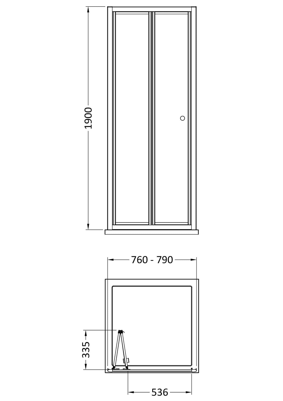 [BEETBD80GM] Contemporary 4mm Toughened Safety Glass Bi-Fold Shower Door, H: 1900mm, Choice of Size and Colour - Line Drawing
