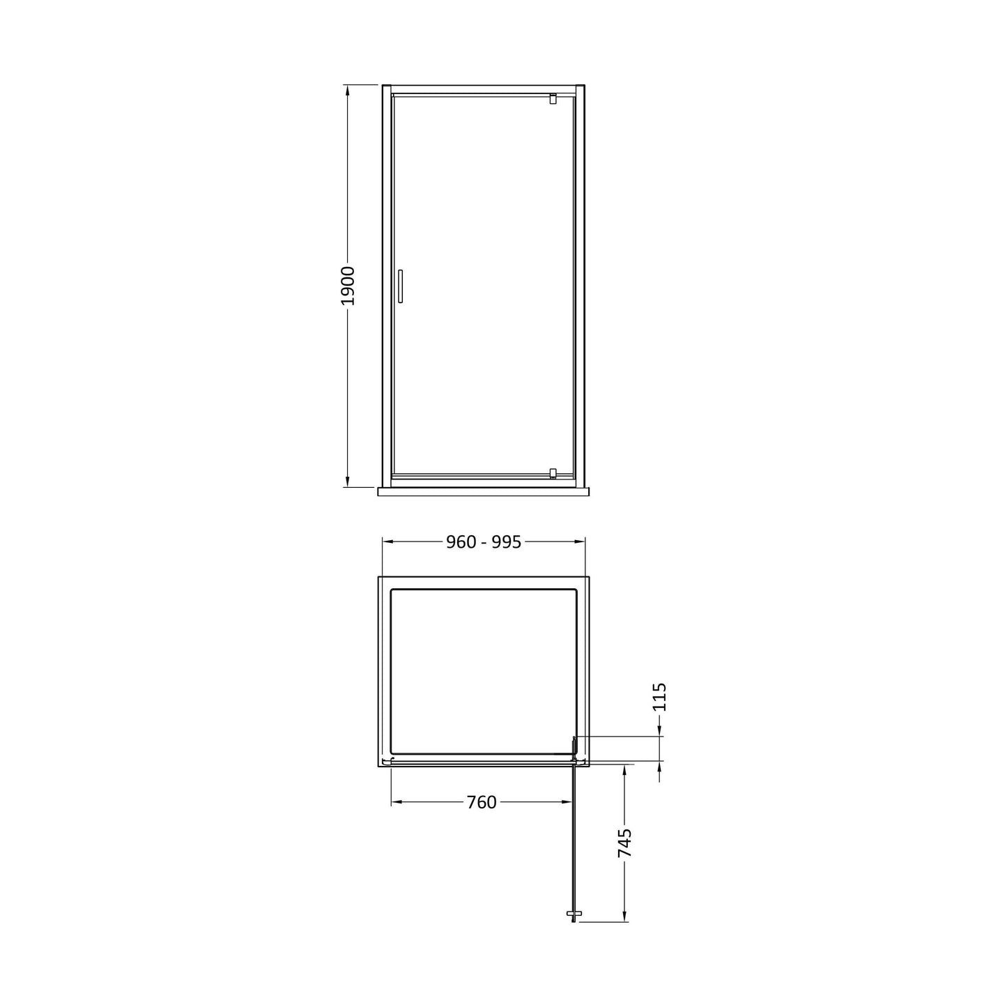 [BEETPD10] 1900 x 1000mm Pivot Shower Door - Technical Drawing