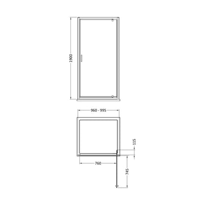 [BEETPD10] 1900 x 1000mm Pivot Shower Door - Technical Drawing