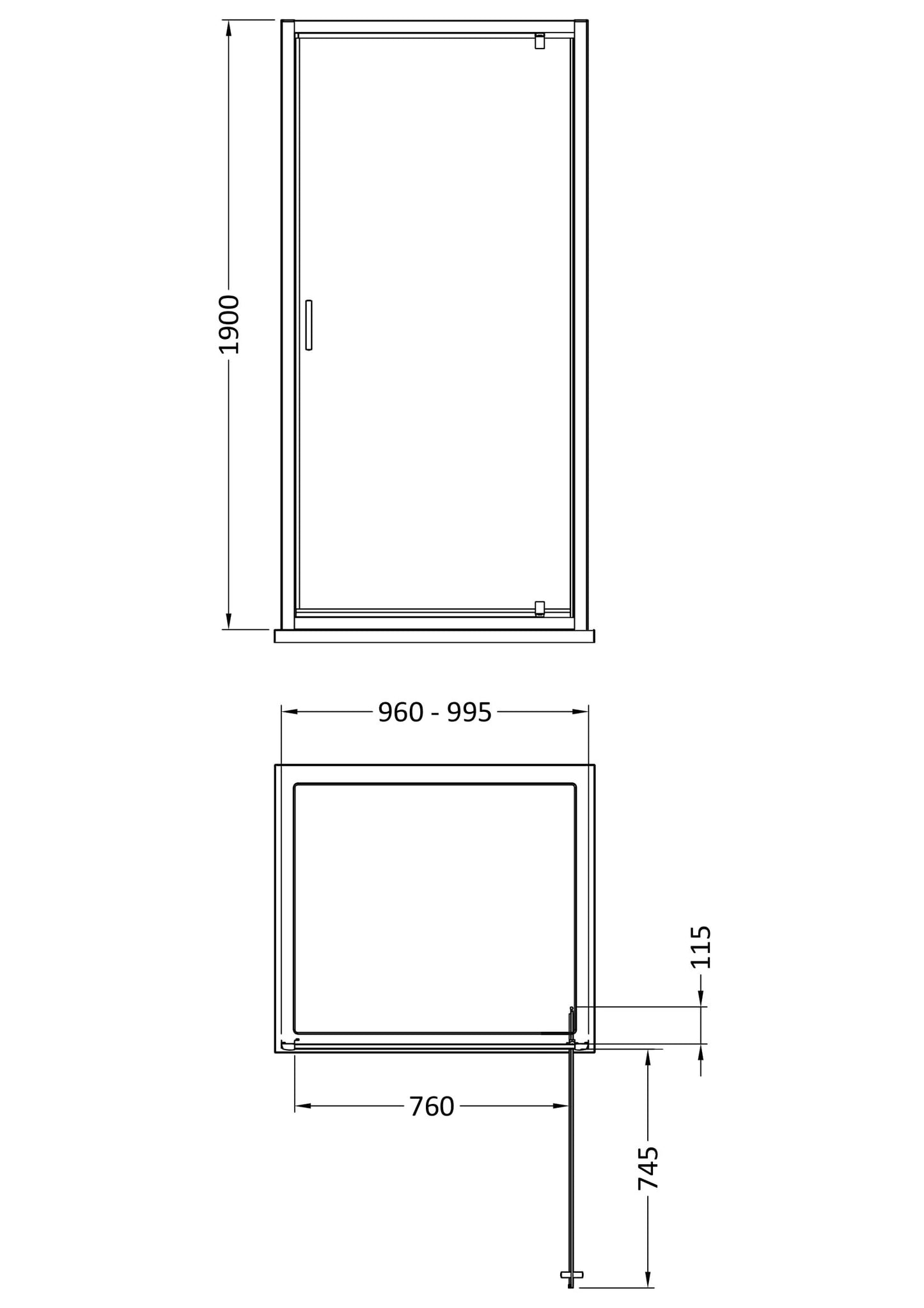 [BEETPD10] Contemporary 6mm Toughened Safety Glass Pivot Shower Door, H: 1900mm, Choice of Size and Colour - Line Drawing