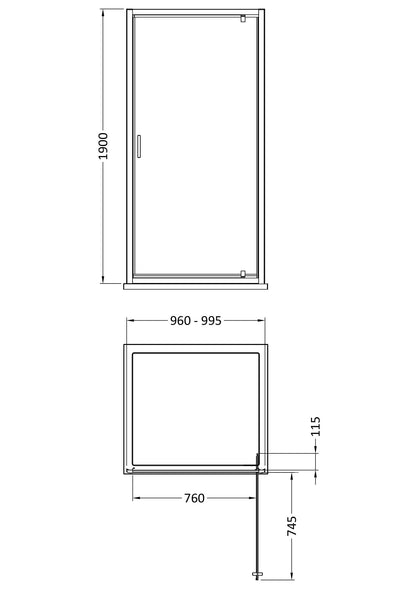 [BEETPD10] Contemporary 6mm Toughened Safety Glass Pivot Shower Door, H: 1900mm, Choice of Size and Colour - Line Drawing