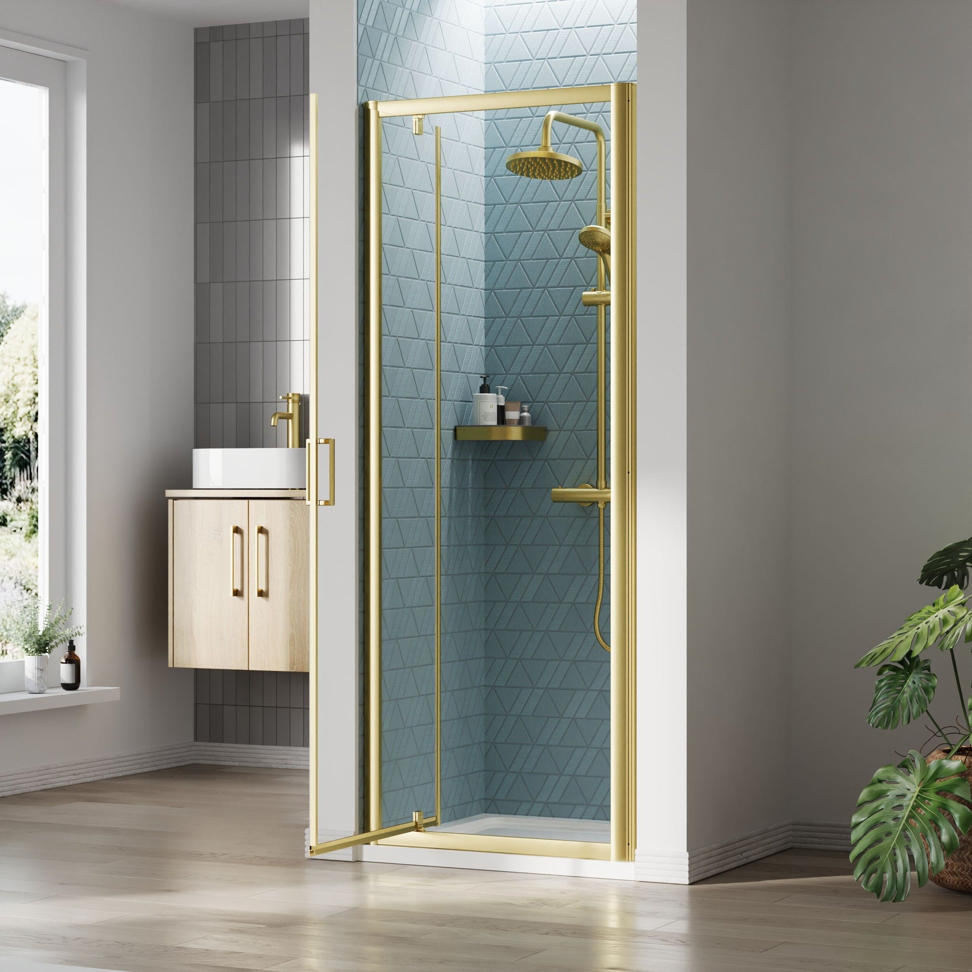 [BEETPD76BB] Almington 6mm Toughened Safety Glass Reversible Pivot Shower Door - H: 1900mm - Choice of Size and Profile Finish - Lifestyle 2