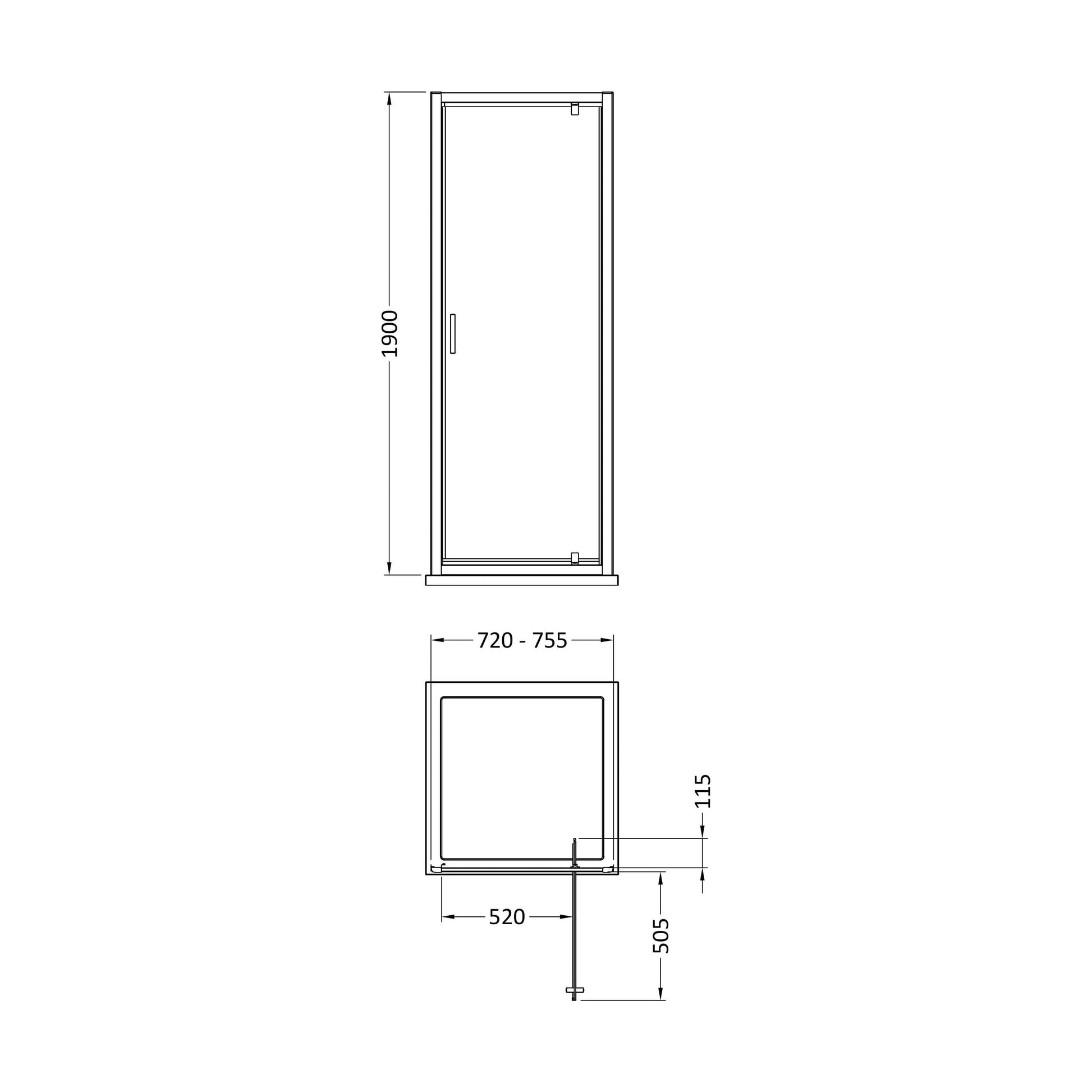 [BEETPD76BP] Almington 6mm Toughened Safety Glass Reversible Pivot Shower Door - H: 1900mm - Choice of Size and Profile Finish - Technical Drawing