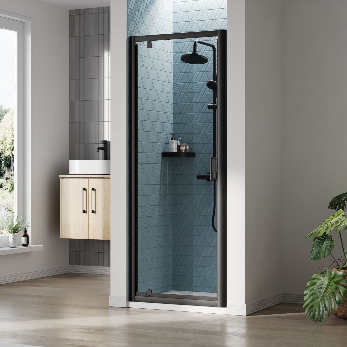 [BEETPD76BP] Almington 6mm Toughened Safety Glass Reversible Pivot Shower Door - H: 1900mm - Choice of Size and Profile Finish - Lifestyle 1