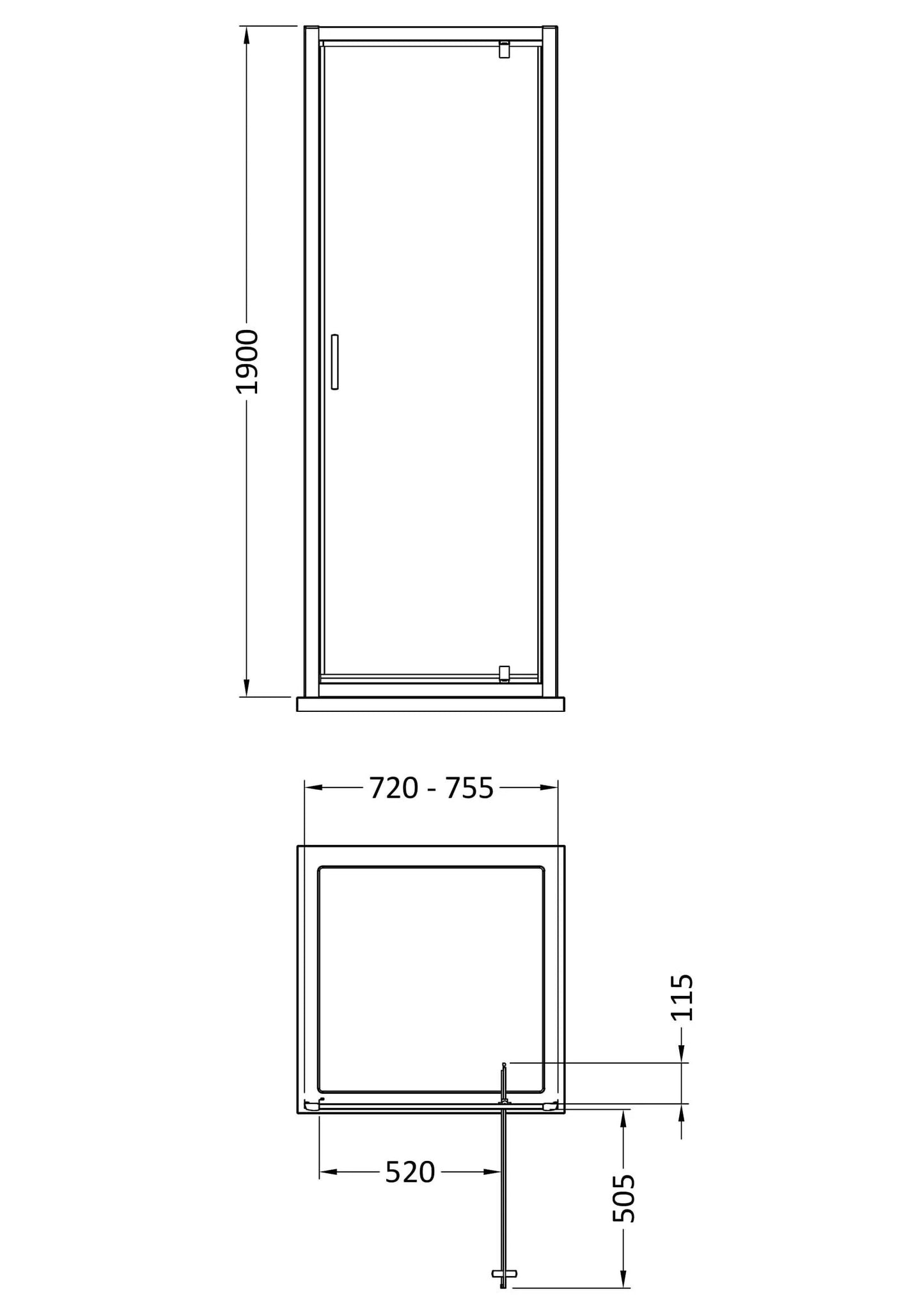 [BEETPD76GM] Contemporary 6mm Toughened Safety Glass Pivot Shower Door, H: 1900mm, Choice of Size and Colour - Line Drawing