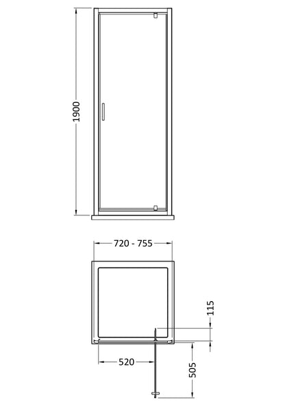 [BEETPD76GM] Contemporary 6mm Toughened Safety Glass Pivot Shower Door, H: 1900mm, Choice of Size and Colour - Line Drawing