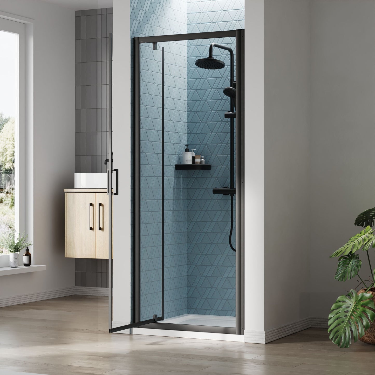[BEETPD80BP] Almington 6mm Toughened Safety Glass Reversible Pivot Shower Door - H: 1900mm - Choice of Size and Profile Finish - Lifestyle 2