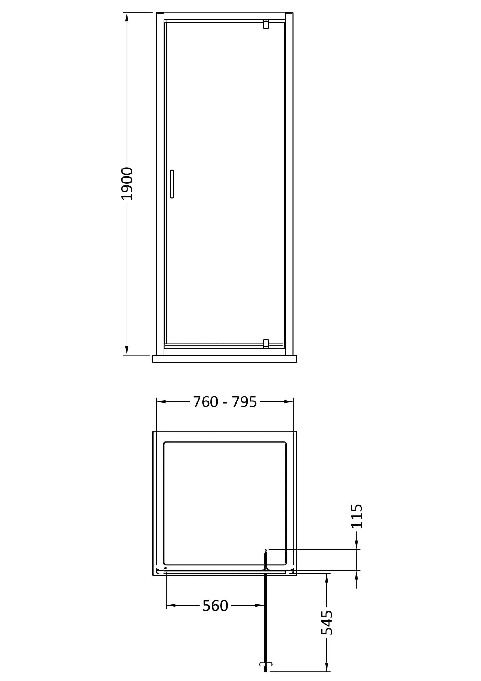 [BEETPD80GM] Contemporary 6mm Toughened Safety Glass Pivot Shower Door, H: 1900mm, Choice of Size and Colour - Line Drawing