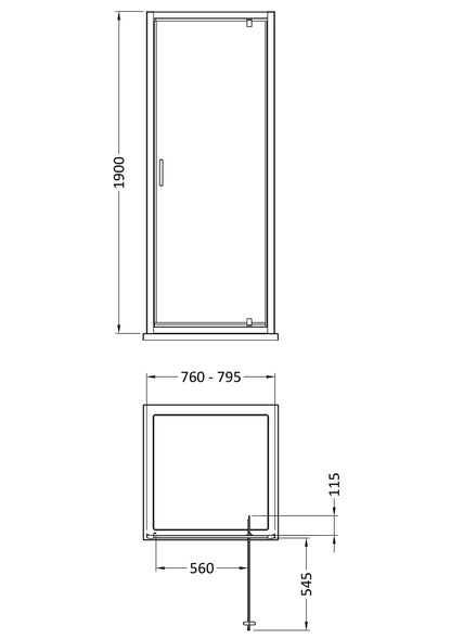 [BEETPD80GM] Contemporary 6mm Toughened Safety Glass Pivot Shower Door, H: 1900mm, Choice of Size and Colour - Line Drawing