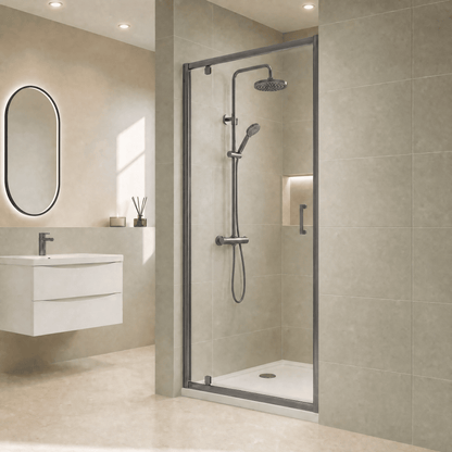 [BEETPD80GM] Contemporary 6mm Toughened Safety Glass Pivot Shower Door, H: 1900mm, Choice of Size and Colour - Lifestyle 1