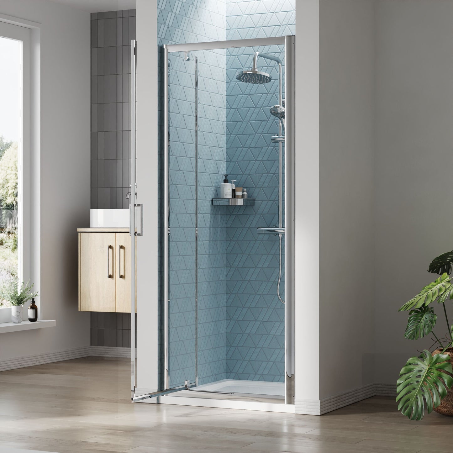 [BEETPD80] Almington 6mm Toughened Safety Glass Reversible Pivot Shower Door - H: 1900mm - Choice of Size and Profile Finish - Lifestyle 2